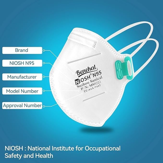 benehal N95 Masks for Adults - NIOSH-Approved Individually Wrapped Reusable N95 Face Masks- 95% Filtration for Easy Breathing - Image 3